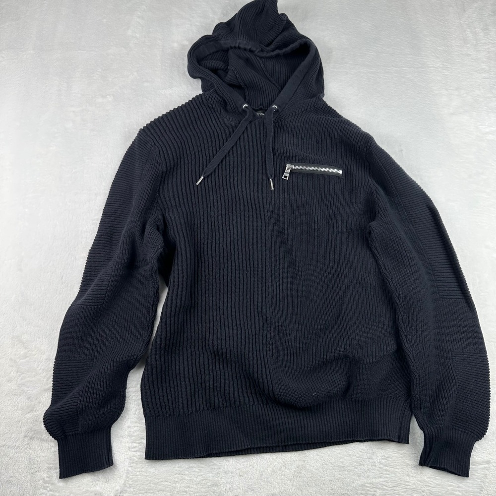INC International Concepts Mens Large Ribbed Knit Hoodie Black Cotton Sweater